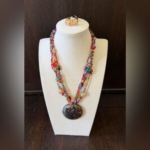 Colorful Multi-Bead Statement Necklace with Round Pendant Set - Multicolor